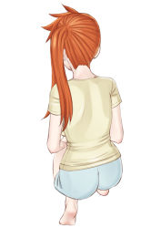 Rule 34 | 10s, 1girl, ass, barefoot, boku no hero academia, commentary request, easy (aqk7bdqt), from behind, kendou itsuka, long hair, orange hair, shirt, shorts, side ponytail, sitting, solo, t-shirt