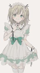 Rule 34 | 1girl, apron, blonde hair, blush, bow, closed mouth, collared dress, dress, frilled apron, frilled dress, frills, green bow, green dress, green eyes, grey background, hand up, highres, looking at viewer, original, puffy short sleeves, puffy sleeves, sha2mo, short sleeves, simple background, skirt hold, smile, solo, thighhighs, two side up, white apron, white thighhighs