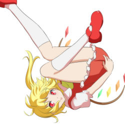 Rule 34 | 1girl, :p, blonde hair, cato (monocatienus), commentary request, crystal, dress, flandre scarlet, frilled dress, frills, hand on own ass, kneehighs, leg up, looking at viewer, puffy short sleeves, puffy sleeves, red dress, red eyes, red footwear, shoes, short hair, short hair with long locks, short sleeves, side ponytail, simple background, socks, solo, tongue, tongue out, touhou, upside-down, white background, white socks, wings, yellow neckwear