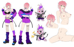 Rule 34 | absurdres, breasts, butterfly tattoo, character sheet, choker, cleavage, cleft of venus, clitoris piercing, commission, commissioner upload, ear piercing, fishnet legwear, fishnets, green eyes, gun, highres, jewelry, jin amber, large breasts, maverick (dendroai), miniskirt, navel piercing, nipple piercing, original, piercing, pink hair, pointing, pussy, pussy piercing, ring, skirt, sword, tattoo, weapon