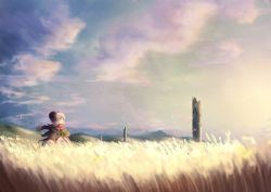 Rule 34 | 1girl, blue eyes, capelet, cloud, cloudy sky, day, field, green capelet, highres, horns, inushida (dogsheepsheep), original, outdoors, red scarf, scarf, scenery, short hair, silver hair, sky, solo, standing