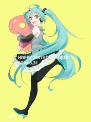 Rule 34 | 10s, 1girl, 2016, ahoge, aqua eyes, aqua hair, artist name, black footwear, black thighhighs, boots, dated, detached sleeves, from side, full body, happy birthday, hatsune miku, headphones, high heels, highres, koyubi right, long hair, looking at viewer, simple background, skirt, solo, thigh boots, thighhighs, twintails, very long hair, vocaloid, yellow background