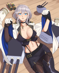 Rule 34 | 1girl, artist name, asymmetrical sleeves, azur lane, barleyshake, black gloves, black pantyhose, black skirt, blue eyes, breasts, cleavage, coat, cross, cross necklace, earrings, gloves, highres, jewelry, large breasts, long hair, looking at viewer, lying, midriff, military, military uniform, mole, mole on breast, narrow waist, naval uniform, necklace, on back, open clothes, open coat, pantyhose, pencil skirt, silver hair, skirt, solo, uneven sleeves, uniform, washington (azur lane), white coat