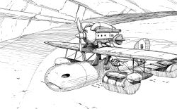 Rule 34 | 1boy, aircraft, airplane, cluseller, floating, greyscale, kurenai no buta, male focus, monochrome, outdoors, porco rosso (character), propeller, savoia s.21, solo, studio ghibli, traditional media, upper body, vehicle focus, water