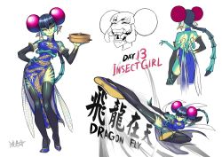 Rule 34 | 1girl, arthropod girl, black hair, blue dress, blue footwear, breasts, bridal gauntlets, carrying, china dress, chinese clothes, cleavage, closed eyes, colored skin, commentary, dragon print, dragonfly wings, dress, english commentary, english text, extra arms, flying kick, green skin, hair ribbon, kicking, multicolored skin, multiple views, original, panties, pantyshot, pelvic curtain, ribbon, ryuusei (mark ii), shoes, simple background, striped, striped skin, thighhighs, two-tone skin, underwear, white background, white panties