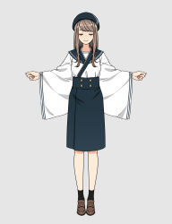 Rule 34 | 1girl, absurdres, black socks, brown footwear, brown hair, closed eyes, closed mouth, facing viewer, full body, furisode, grey background, hanatsuki, hat, highres, japanese clothes, kimono, loafers, long hair, long sleeves, mismatched sailor collar, original, outstretched arms, pencil skirt, school uniform, serafuku, shoes, simple background, skirt, smile, socks, solo, standing, wide sleeves