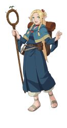 Rule 34 | 1girl, ambrosia (dungeon meshi), backpack, bag, belt, belt pouch, blonde hair, blue capelet, blue hood, blue robe, braid, brown bag, brown belt, capelet, choker, dungeon meshi, elf, full body, green eyes, highres, holding, holding staff, hood, hood down, hooded capelet, long hair, looking at viewer, marcille donato, official art, open mouth, pointy ears, pouch, red choker, red ribbon, ribbon, robe, sandals, simple background, solo, staff, tachi-e, teeth, toes, transparent background, twin braids, upper teeth only