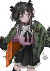 Rule 34 | 1girl, :d, absurdres, bad id, bad twitter id, belt collar, black bow, black bowtie, black hair, black skirt, black thighhighs, blush, bow, bowtie, coat, collar, cowboy shot, earrings, gishiki (gshk), green coat, hair ornament, hands up, head tilt, highres, jewelry, long sleeves, looking at viewer, miniskirt, multicolored hair, open clothes, open coat, open mouth, original, pink eyes, pink shirt, shirt, simple background, skirt, skull hair ornament, sleeves past wrists, smile, solo, streaked hair, thighhighs, two side up, white background
