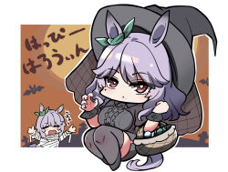 Rule 34 | 2girls, = =, animal ears, bandages, basket, bat (animal), bow, breasts, candy, chibi, cleavage, commentary request, ear bow, eyes visible through hair, food, full body, full moon, genderswap, genderswap (mtf), green bow, grey footwear, grey headwear, grey shirt, grey skirt, grey thighhighs, halloween, halloween costume, hat, highres, holding, holding basket, horse ears, horse girl, horse tail, kawamochi (tddm3573), looking at viewer, mejiro family matriarch, mejiro titan (racehorse), mole, mole under eye, moon, multiple girls, mummy costume, naked bandage, original, outline, outside border, outstretched arms, personification, purple hair, red eyes, see-through, see-through legwear, shirt, silhouette, skirt, tail, thighhighs, tombstone, translated, umamusume, veil, witch hat, wrist cuffs, zettai ryouiki