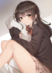 Rule 34 | 1girl, absurdres, black sweater, bow, bowtie, brown eyes, brown hair, brown skirt, closed mouth, highres, knees up, long hair, long sleeves, looking at viewer, miniskirt, hugging object, original, pillow, pillow hug, pleated skirt, school uniform, sidelocks, sitting, skirt, solo, sunhyun, sweater, thighs, undershirt
