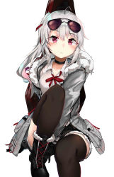 Rule 34 | 0shino, 1girl, absurdres, ahoge, black choker, black footwear, black gloves, black shorts, black thighhighs, boots, choker, closed mouth, collared shirt, eyewear on head, female commander (girls&#039; frontline), fur collar, fur trim, girls&#039; frontline, gloves, grey jacket, griffin &amp; kryuger military uniform, guitar case, highres, instrument case, jacket, knee up, long hair, long sleeves, looking at viewer, mole, mole under eye, neck ribbon, open clothes, open jacket, original, ponytail, red eyes, red ribbon, ribbon, shirt, short shorts, shorts, silver hair, simple background, sitting, solo, sunglasses, thighhighs, white background, white shirt