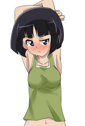 Rule 34 | 1girl, armpits, arms behind head, arms up, black eyes, black hair, blunt bangs, blunt ends, blush, bob cut, breasts, closed mouth, commentary, embarrassed, frown, girls und panzer, green shirt, half-closed eye, highres, looking at viewer, medium breasts, navel, ooarai military uniform, shirt, short hair, simple background, solo, sono midoriko, tank top, upper body, wakku kan, white background