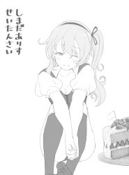 Rule 34 | 1girl, alternate costume, blush, casual, commentary request, girls und panzer, greyscale, hair ribbon, henyaan (oreizm), highres, long hair, looking at viewer, monochrome, one eye closed, one side up, ribbon, shimada arisu, sitting, smile, solo