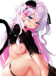 Rule 34 | 1girl, :o, animal ears, avatar 2.0 project, bad id, bad twitter id, black choker, black pantyhose, black shirt, blue eyes, blush, bottomless, breasts, cat ears, cat girl, cat tail, censored, censored nipples, choker, clothes pull, convenient censoring, crop top, embarrassed, extra ears, hair censor, hairband, headdress, heart, heart-shaped pupils, highres, long hair, long sleeves, looking at viewer, medium breasts, musubime yui, nekomugiharu, nose blush, open mouth, pantyhose, pantyhose pull, shirt, silver hair, simple background, solo, symbol-shaped pupils, tail, thigh strap, two side up, very long hair, virtual youtuber, white background