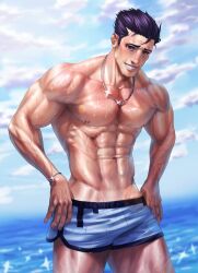 Rule 34 | 1boy, abs, bara, black hair, brown eyes, carless (ppanic), cloud, fire emblem, fire emblem: the binding blade, highres, jewelry, large pectorals, looking at viewer, male focus, muscular, muscular male, navel, necklace, nintendo, nipples, outdoors, pectorals, short hair, shorts, sky, smile, solo, teeth, topless male, water, wet, white shorts, zealot (fire emblem)