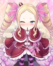 Rule 34 | 1girl, absurdres, beatrice (re:zero), blonde hair, blush, butterfly-shaped pupils, capelet, checkered floor, crown, drill hair, food, food in mouth, forehead, hair ribbon, highres, long hair, long sleeves, mini crown, one eye closed, pantyhose, pink ribbon, pocky, pocky in mouth, re:zero kara hajimeru isekai seikatsu, red capelet, ribbon, s (hdru2332), solo, standing, striped clothes, striped pantyhose, symbol-shaped pupils, twin drills