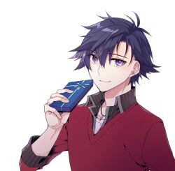Rule 34 | 1boy, black shirt, blue hair, closed mouth, commentary, eiyuu densetsu, eyelashes, falcom, gift, hair between eyes, holding, holding gift, jewelry, looking at viewer, male focus, necklace, purple eyes, rean schwarzer, red shirt, sen no kiseki, shirt, short hair, simple background, smile, solo, upper body, white background, yuichi (you1)