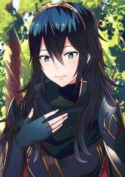 Rule 34 | 1girl, ameno (a meno0), blue eyes, blue hair, closed mouth, elbow gloves, fingerless gloves, fire emblem, fire emblem awakening, gloves, hair between eyes, long hair, looking down, lucina (fire emblem), nintendo, outdoors, smile, solo, symbol-shaped pupils, tiara, upper body