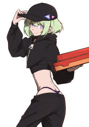 Rule 34 | 1boy, adjusting clothes, adjusting headwear, androgynous, aus vaka, black hat, black pants, crossdressing, food, green hair, grey background, hat, highres, holding, holding food, holding pizza, hood, hood down, lio fotia, looking at viewer, male focus, midriff, panties, pants, pizza, pizza box, pizza delivery, promare, purple eyes, purple panties, short hair, simple background, smile, trap, underwear, whale tail (clothing), zipper