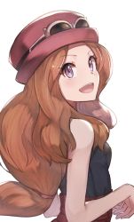 Rule 34 | 1girl, bare arms, black shirt, brown hair, commentary, creatures (company), eyelashes, eyewear on headwear, game freak, hair tie, hat, highres, long hair, looking back, nintendo, odd (hin yari), open mouth, pink hat, pokemon, pokemon xy, purple eyes, red skirt, serena (pokemon), shirt, skirt, sleeveless, sleeveless shirt, smile, solo, sunglasses, teeth, tongue, white background