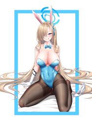 Rule 34 | 1girl, absurdres, animal ears, asuna (blue archive), asuna (bunny) (blue archive), black pantyhose, blue archive, blue bow, blue bowtie, blue eyes, blue halo, blue leotard, blue ribbon, bow, bowtie, breasts, cleavage, collarbone, covered navel, detached collar, fake animal ears, grin, gukukimu, hair over one eye, hair ribbon, halo, high heels, highres, large breasts, leotard, light brown hair, long hair, looking at viewer, mole, mole on breast, official alternate costume, pantyhose, rabbit ears, ribbon, smile, solo, strapless, strapless leotard, white footwear