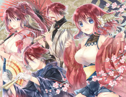 Rule 34 | 2boys, 2girls, ahoge, animal ears, antenna hair, bare shoulders, blue eyes, breasts, brother and sister, cherry blossoms, closed eyes, closed mouth, covered collarbone, cowboy shot, facial hair, fang, father and daughter, father and son, feathers, flower, flute, genho (utawarerumono), gloves, hair between eyes, hair flower, hair ornament, hand fan, head wings, instrument, japanese clothes, kanan yt, kimono, leotard, long hair, looking at viewer, looking away, medium breasts, medium hair, multiple boys, multiple girls, mustache, nosuri, open clothes, open kimono, open mouth, ougi, ponytail, profile, purple eyes, purple hair, red hair, short hair, short kimono, siblings, smile, tareme, taut clothes, taut leotard, tight clothes, touka (utawarerumono), umbrella, utawarerumono, utawarerumono: itsuwari no kamen, wide sleeves, wings