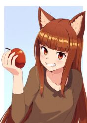 Rule 34 | 1girl, animal ear fluff, animal ears, apple, arm at side, blunt bangs, blush, border, breasts, brown hair, brown shirt, collarbone, commentary, eyelashes, fangs, food, fruit, grin, hand up, happy, highres, holding, holding food, holding fruit, holo, blue background, long hair, long sleeves, looking at viewer, red eyes, shirt, sidelocks, simple background, small breasts, smile, solo, spice and wolf, straight hair, tsurime, umibato, upper body, v-shaped eyebrows, very long hair, white border, wolf ears, wolf girl