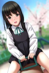 Rule 34 | 1girl, :d, absurdres, black dress, black hair, blue ribbon, blurry, blurry background, blush, brown eyes, collared shirt, commentary request, day, depth of field, dress, dutch angle, flower, highres, long sleeves, looking at viewer, matsunaga kouyou, neck ribbon, nose blush, open mouth, original, outdoors, pinafore dress, pink flower, pleated dress, ribbon, school uniform, seesaw, shirt, sitting, sleeveless, sleeveless dress, slide, smile, solo, straddling, tree, white shirt