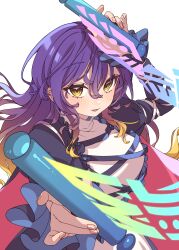 Rule 34 | 1girl, absurdres, blush, dress, e sdss, fingernails, gradient hair, hair between eyes, highres, hijiri byakuren, holding, holding scroll, layered dress, long hair, long sleeves, multicolored hair, open mouth, purple hair, scroll, simple background, smile, solo, sorcerer&#039;s sutra scroll, touhou, upper body, white background, white dress, yellow eyes