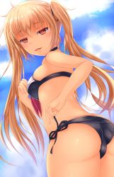 Rule 34 | 10s, 1girl, adapted costume, ass, bad id, bad pixiv id, bare arms, bare shoulders, bikini, blue sky, breasts, cloud, day, eyebrows, from below, hair ornament, hair ribbon, highres, kantai collection, light brown hair, lips, long hair, looking at viewer, looking back, medium breasts, murasame (kancolle), open mouth, red eyes, ribbon, shiro usagi, side-tie bikini bottom, sky, smile, solo, swimsuit, twintails