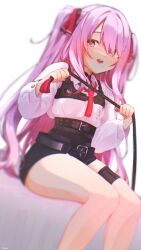 Rule 34 | 1girl, :d, belt, black belt, blurry, collared shirt, depth of field, flat chest, goddess of victory: nikke, hair ribbon, high-waist shorts, highres, holding, holding whip, long hair, mikuron 0, mole, mole under mouth, necktie, open mouth, pink eyes, pink hair, red necktie, red ribbon, ribbon, shirt, shirt tucked in, short necktie, shorts, sidelocks, simple background, sitting, smile, solo, twintails, white background, white shirt, yuni (nikke)