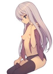 Rule 34 | 1girl, black panties, black thighhighs, blue eyes, breasts, commentary request, dressing, everyntrge, expressionless, feet out of frame, female focus, grey hair, highres, long hair, navel, original, panties, perky breasts, purple towel, simple background, sitting, small breasts, solo, thighhighs, towel, towel around neck, underwear, white background