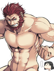 Rule 34 | ..., 2boys, abs, beard, chibi, chibi inset, completely nude, facial hair, fate/zero, fate (series), flexing, grin, groin, iskandar (fate), large pectorals, male focus, mature male, multiple boys, muscular, muscular male, navel, no nipples, nude, out-of-frame censoring, pectorals, poo (pitind), red eyes, red hair, short hair, smile, stomach, veins, waver velvet
