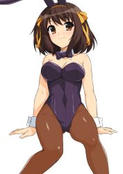 Rule 34 | 1girl, animal ears, black bow, black bowtie, black leotard, bob cut, bow, bowtie, breasts, brown eyes, brown hair, brown pantyhose, cleavage, detached collar, feet out of frame, gluteal fold, hairband, haruhisky, highres, invisible chair, leotard, looking at viewer, medium breasts, pantyhose, playboy bunny, rabbit ears, short hair, simple background, sitting, smile, solo, strapless, strapless leotard, suzumiya haruhi, suzumiya haruhi no yuuutsu, white background, wrist cuffs, yellow hairband