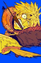 Rule 34 | 1boy, blonde hair, blue background, commission, constricted pupils, dual wielding, foreshortening, full body, highres, holding, incoming attack, knife, looking at viewer, male focus, midair, multiple monochrome, short hair, skeb commission, smear frame, solo, thorfinn, tunic, uneven eyes, viking, vinland saga, weapon in mouth, xoskxtch