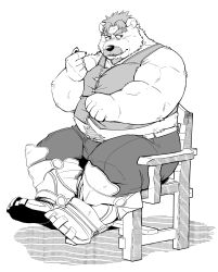Rule 34 | 1boy, absurdres, aegis (crave saga), alternate costume, animal ears, armor, bara, bear boy, bear ears, belly, blush, bursting pectorals, casual, crave saga, facial hair, fat, fat man, forked eyebrows, furry, furry male, goatee, grey hair, greyscale, highres, holding, holding spoon, kumagayasin, looking to the side, male focus, mature male, midriff peek, monochrome, muscular, muscular male, mustache, navel hair, old, old man, on chair, pectorals, shirt, short hair, shy, sitting, solo, spoon, thick eyebrows, translation request