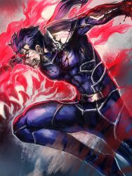 Rule 34 | 1boy, blood, blue hair, cu chulainn (fate), earrings, fate/stay night, fate (series), gae bolg (fate), jewelry, kopa, cu chulainn (fate/stay night), long hair, male focus, polearm, ponytail, red eyes, solo, spear, weapon