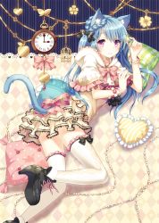 Rule 34 | 1girl, animal ear fluff, animal ears, blue hair, boots, braid, cat ears, cat tail, clock, cushion, dress, frilled pillow, frills, hair ribbon, heart, heart-shaped pillow, high heels, highres, long hair, lying, narinn, on side, original, pillow, purple eyes, ribbon, smile, solo, tail, thighhighs, twintails