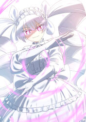 Rule 34 | 1girl, absurdres, bow, bowtie, chestnutj37, dress, drill hair, frilled dress, frills, gloves, hair ornament, hair ribbon, highres, long hair, looking at viewer, open mouth, red eyes, ribbon, smile, solo, symbol-shaped pupils, twin drills, twintails, white dress, white gloves, white hair, yozakura-san chi no daisakusen, yozakura futaba