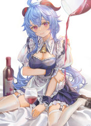 Rule 34 | 1girl, absurdres, ahoge, alternate costume, apron, arm grab, arrrrrry1, bell, black footwear, blue dress, blue hair, blue nails, bottle, breast hold, breasts, cleavage cutout, clothing cutout, commentary request, cowbell, cup, curled horns, detached sleeves, dress, drinking glass, enmaided, fingernails, frilled apron, frilled dress, frills, ganyu (genshin impact), garter straps, genshin impact, goat horns, head tilt, heart, highres, horns, light smile, loafers, long hair, looking at viewer, low ponytail, maid, maid apron, medium breasts, nail polish, neck bell, pouring, pouring onto another, puffy short sleeves, puffy sleeves, purple eyes, shoes, short sleeves, simple background, sitting, solo, thighhighs, waist apron, wariza, white apron, white background, white thighhighs, wine bottle, wine glass