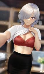 Rule 34 | black skirt, blurry, blurry background, bra, breasts, cleavage, closed mouth, clothes lift, grey eyes, grey hair, hair over one eye, highres, infinote, large breasts, looking at viewer, one eye covered, original, pencil skirt, red bra, sashou mihiro, shirt, shirt lift, short hair, short sleeves, skirt, smile, underwear, white shirt