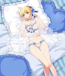 Rule 34 | 1girl, ahoge, alternate costume, artoria pendragon (all), artoria pendragon (fate), bed, blonde hair, blush, bra, breasts, cameltoe, choker, fate/stay night, fate (series), flower, frilled choker, frilled pillow, frills, from above, green eyes, groin, hair bun, hair flower, hair ornament, hair ribbon, hand on own stomach, heart, heart-shaped pillow, lace, lace-trimmed bra, lace-trimmed panties, lace trim, light smile, lingerie, looking at viewer, lying, navel, nightgown, off shoulder, on back, on bed, panties, pillow, polka dot, ribbon, riku (lingsky), saber (fate), see-through, single hair bun, small breasts, solo, thigh gap, translucent, underwear, underwear only, white bra, white panties
