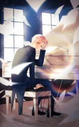 Rule 34 | 1boy, black footwear, black suit, full body, hand up, hsmoji, indoors, instrument, lens flare, looking at viewer, male focus, original, papers, piano, piano bench, sitting, suit, white hair, window