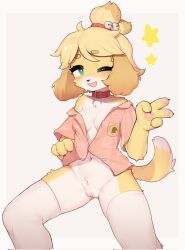 Rule 34 | 1girl, animal crossing, animal ears, bell, belt collar, blonde hair, blush, bottomless, breasts, claws, clitoris, collar, crayon (crayon1006), dog ears, dog girl, dog tail, feet out of frame, female focus, fewer digits, furry, furry female, green eyes, hair bell, hair ornament, highres, isabelle (animal crossing), jingle bell, medium breasts, nintendo, one eye closed, open mouth, pink shirt, pussy, red collar, shirt, short hair, solo, spread legs, star (symbol), tail, teeth, thighhighs, two-tone fur, unbuttoned, unbuttoned shirt, uncensored, upper teeth only, v, white fur, white thighhighs, yellow fur