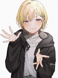 Rule 34 | 1girl, belt, belt buckle, black coat, blonde hair, blush, buckle, closed mouth, coat, commentary request, dot nose, ear piercing, grey background, grey sweater, hair ornament, hairclip, half-closed eyes, hands up, idolmaster, idolmaster shiny colors, iwawa, long sleeves, looking at viewer, noise, open hands, piercing, purple eyes, saijo juri, short hair, sleeves past wrists, smile, solo, spread fingers, sweater, turtleneck, turtleneck sweater, upper body, v-shaped eyebrows