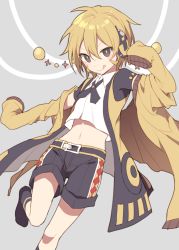 Rule 34 | 1boy, belt, blonde hair, blush, character request, grey background, headphones, hijiri (resetter), kagamine len, looking at viewer, male focus, short hair, shorts, sleeves past wrists, socks, solo, sweater, tongue, tongue out, trap, vest