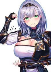 Rule 34 | 1girl, arm up, armor, belt, black armor, black gloves, braid, breastplate, breasts, circlet, cleavage, cleavage cutout, clothing cutout, commentary, fingerless gloves, flexing, gloves, gold trim, green eyes, highres, hololive, large breasts, looking at viewer, medium hair, shirogane noel, shirogane noel (1st costume), shoulder armor, simple background, solo, upper body, virtual youtuber, white background, white hair, zussunn