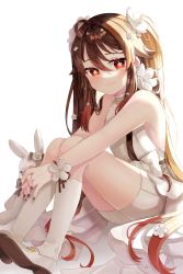 Rule 34 | 1girl, absurdres, bare shoulders, black nails, blush, brown hair, commentary, dress, fingernails, flower, flower-shaped pupils, full body, genshin impact, hair between eyes, hair flower, hair ornament, halter dress, halterneck, highres, hu tao (genshin impact), kneehighs, knees up, long hair, looking at viewer, miyako draw, nail polish, own hands together, red eyes, shoes, sitting, sleeveless, sleeveless dress, smile, socks, solo, stuffed animal, stuffed rabbit, stuffed toy, symbol-shaped pupils, very long hair, white background, white dress, white flower, white footwear, white socks, wristband