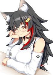 Rule 34 | 1girl, absurdres, animal ear fluff, animal ears, bare shoulders, black choker, black hair, breasts, choker, commentary, detached sleeves, glasses, hair ornament, hairclip, head rest, highres, hololive, large breasts, long hair, looking at viewer, multicolored hair, ookami mio, ookami mio (casual), psychopath idiot, red hair, round eyewear, simple background, smile, solo, streaked hair, two-tone hair, upper body, virtual youtuber, white background, wolf ears, wolf girl, yellow eyes