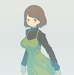Rule 34 | 1girl, :d, aged up, alternate costume, arms at sides, bad id, bad pixiv id, blush, breasts, brown hair, chara (undertale), dress, green dress, grey background, long sleeves, looking at viewer, medium breasts, open mouth, oshiruko (tsume), pinafore dress, red eyes, simple background, sleeveless dress, smile, solo, tareme, teeth, undertale, upper body
